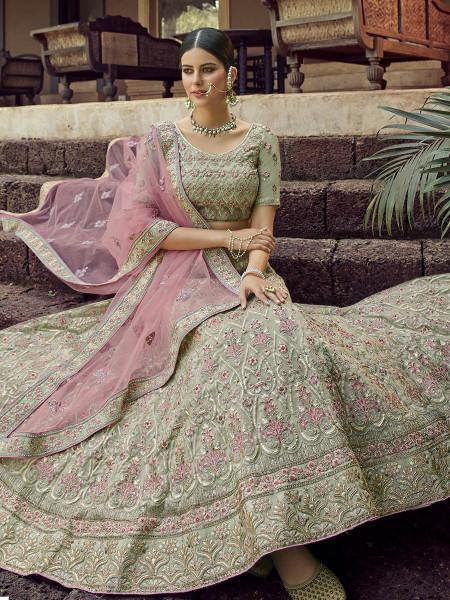 Myra Green Heavy Embroidered Georgette bridal Lehenga