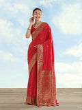Monjolika Fashion Red Banarasi Satin Silk Saree With Zari Border And Butti Work