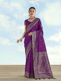 Monjolika Fashion Purple Banarasi Satin Silk Saree With Zari Border And Butti Work