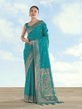 Monjolika Fashion Turquoise Banarasi Satin Silk Saree With Zari Border And Butti Work