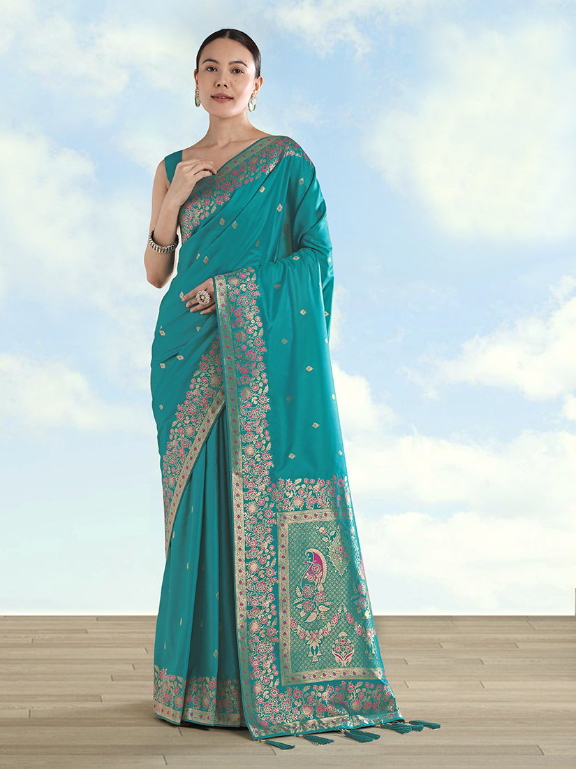 Monjolika Fashion Turquoise Banarasi Satin Silk Saree With Zari Border And Butti Work