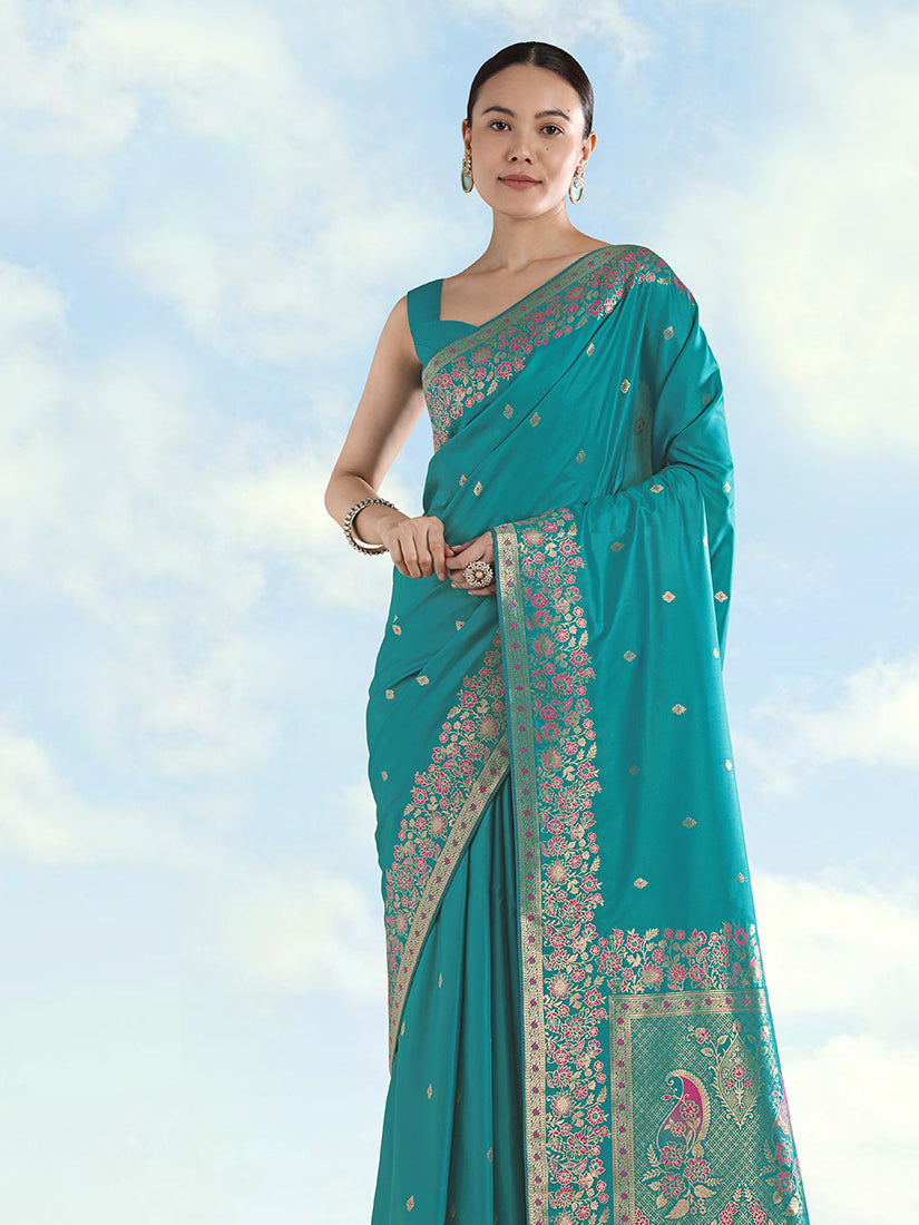 Monjolika Fashion Turquoise Banarasi Satin Silk Saree With Zari Border And Butti Work
