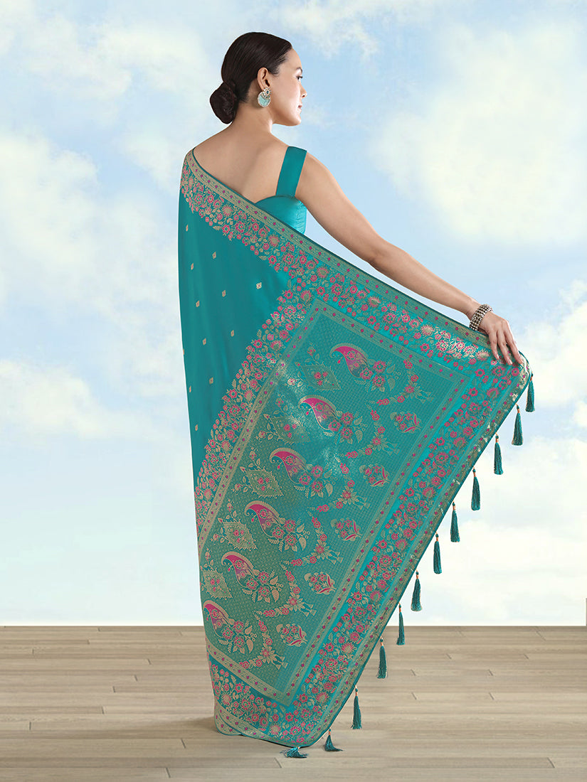 Monjolika Fashion Turquoise Banarasi Satin Silk Saree With Zari Border And Butti Work