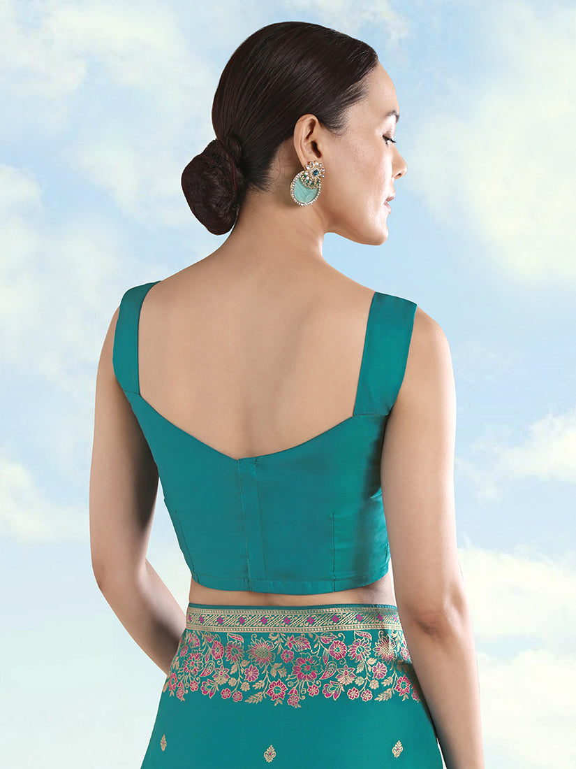 Monjolika Fashion Turquoise Banarasi Satin Silk Saree With Zari Border And Butti Work