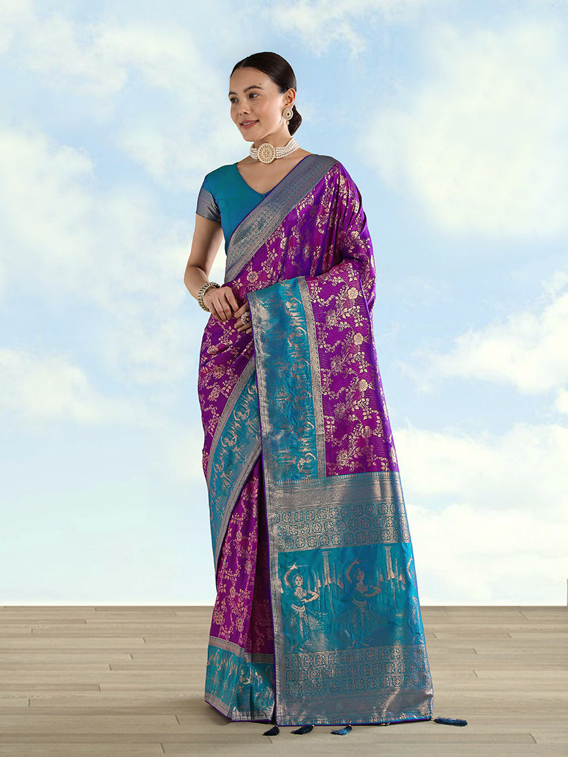 Monjolika Fashion Purple Banarasi Silk Saree With Zari Woven Design