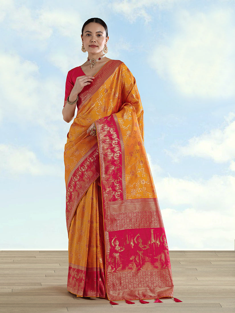 Monjolika Fashion Orange Banarasi Silk Saree With Zari Woven Design