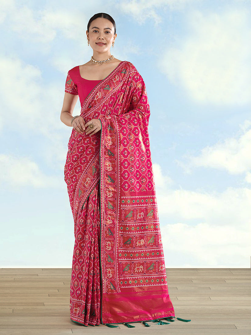 Monjolika Fashion Rani Pink Satin Silk Saree With Patola Work And Elephant Motifs