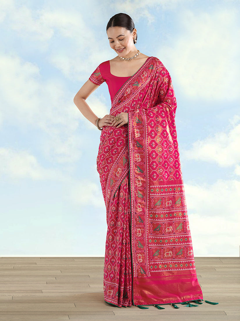 Monjolika Fashion Rani Pink Satin Silk Saree With Patola Work And Elephant Motifs