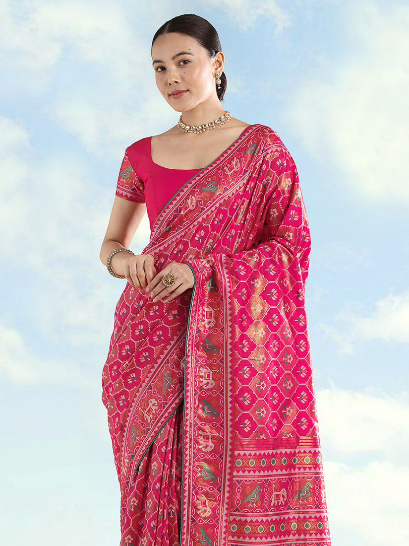 Monjolika Fashion Rani Pink Satin Silk Saree With Patola Work And Elephant Motifs