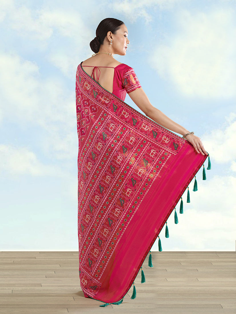 Monjolika Fashion Rani Pink Satin Silk Saree With Patola Work And Elephant Motifs