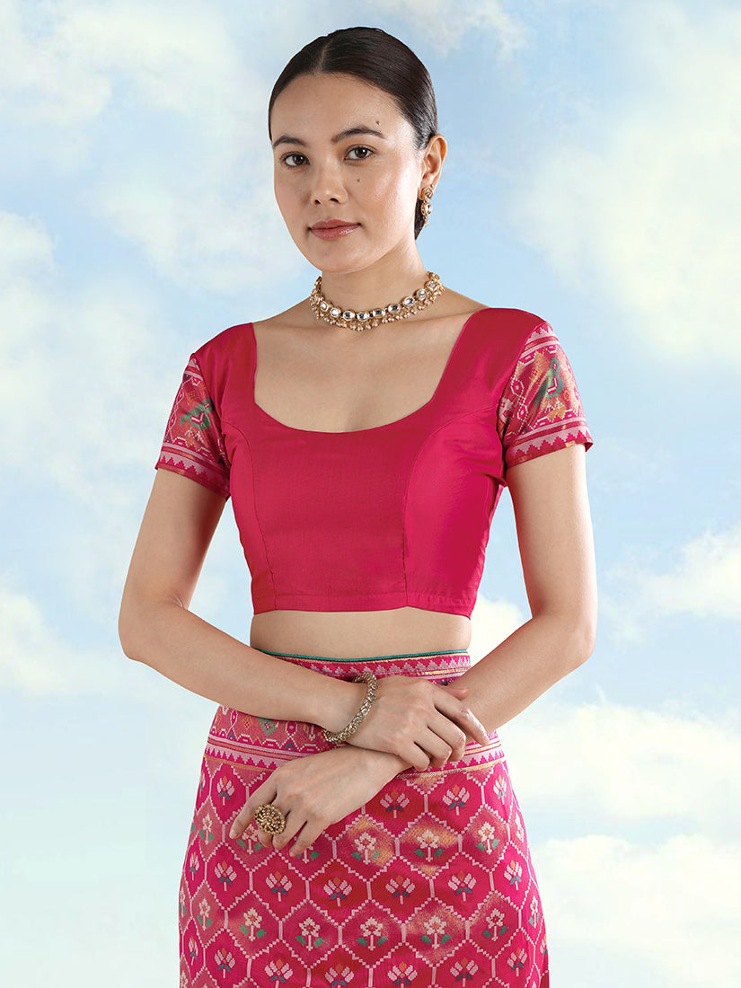 Monjolika Fashion Rani Pink Satin Silk Saree With Patola Work And Elephant Motifs