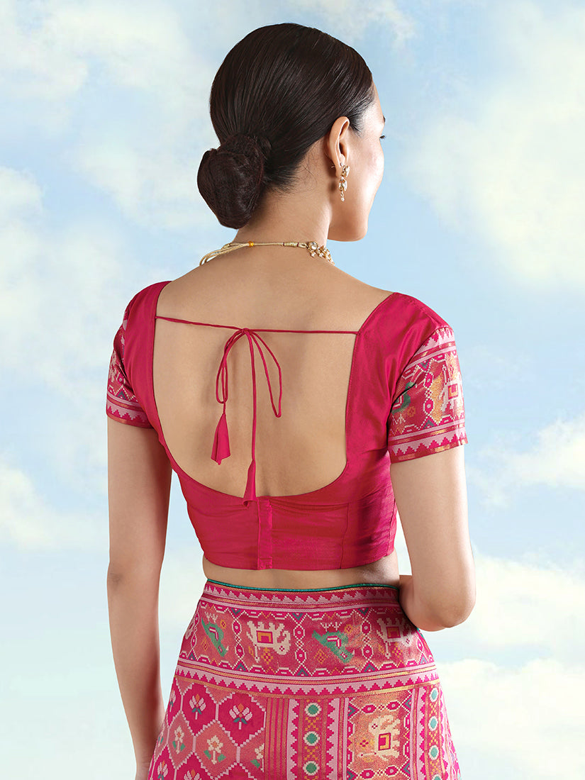 Monjolika Fashion Rani Pink Satin Silk Saree With Patola Work And Elephant Motifs