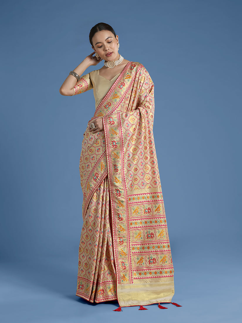 Monjolika Fashion Cream Satin Silk Saree With Patola Work And Elephant Motifs