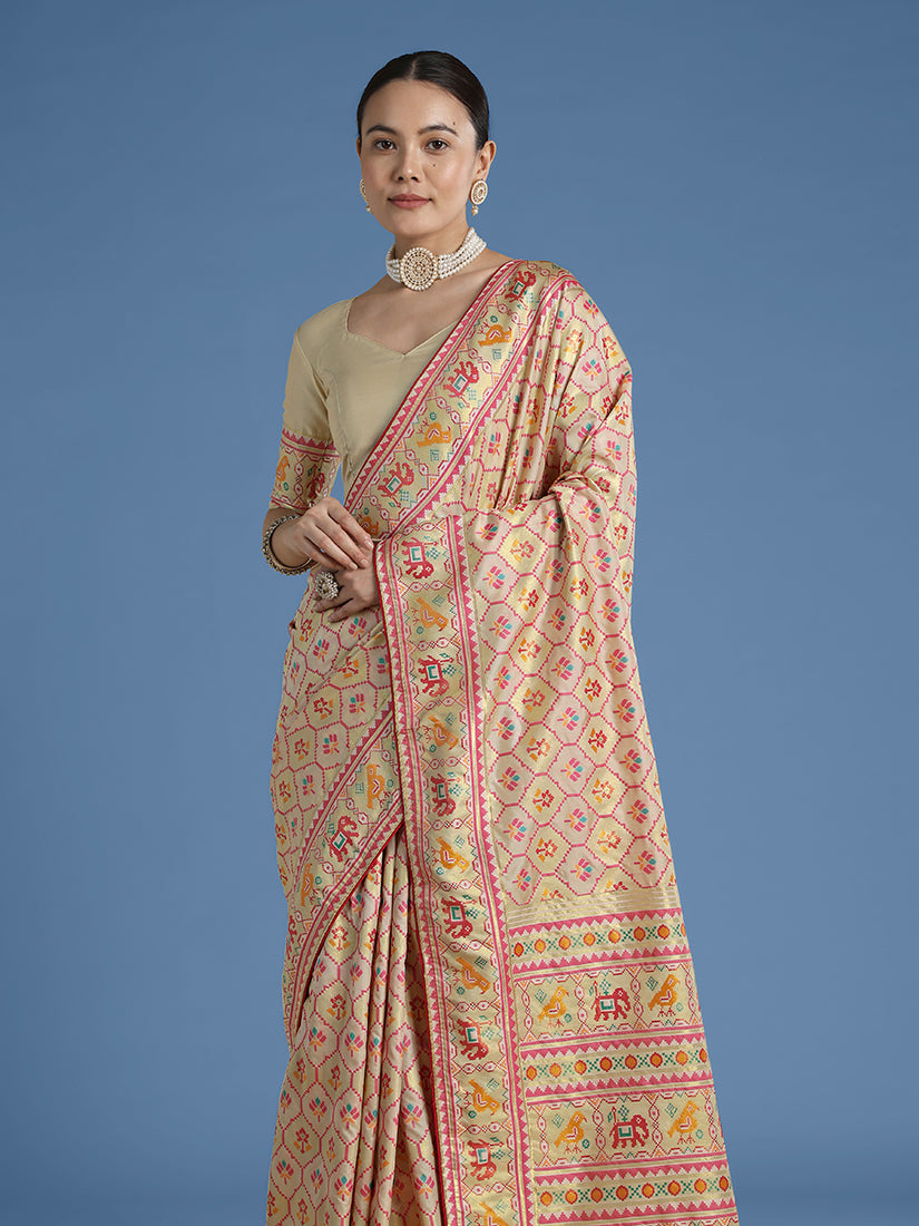 Monjolika Fashion Cream Satin Silk Saree With Patola Work And Elephant Motifs
