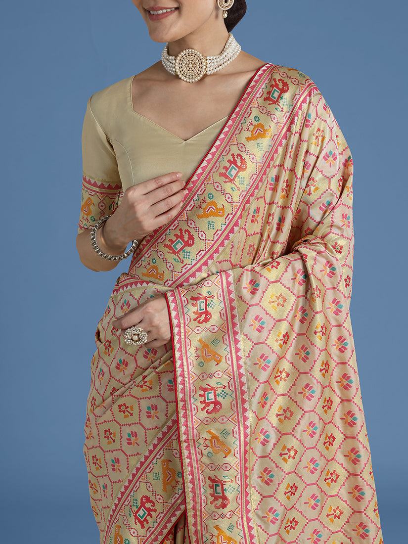 Monjolika Fashion Cream Satin Silk Saree With Patola Work And Elephant Motifs