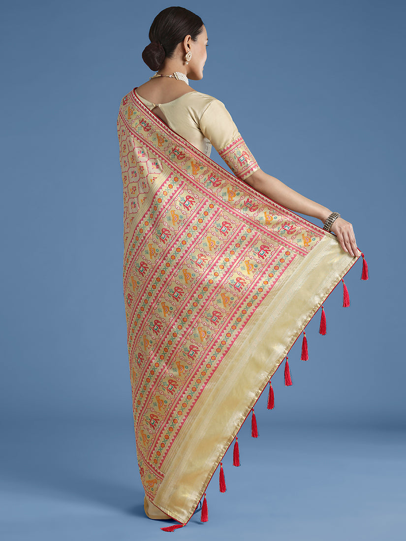 Monjolika Fashion Cream Satin Silk Saree With Patola Work And Elephant Motifs