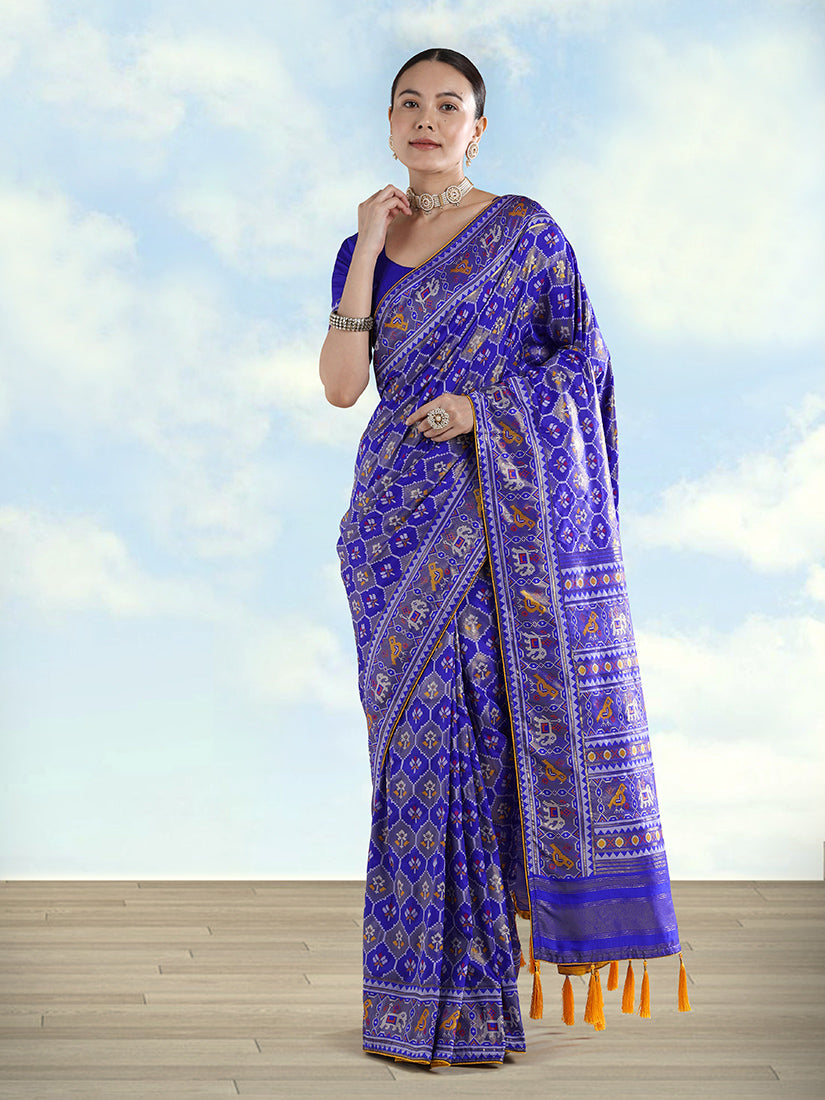 Monjolika Fashion Navy Blue Satin Silk Saree With Patola Work And Elephant Motifs