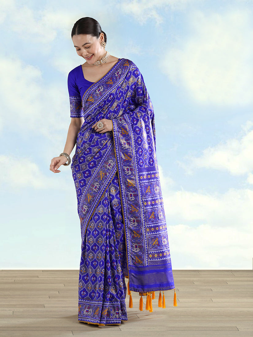Monjolika Fashion Navy Blue Satin Silk Saree With Patola Work And Elephant Motifs