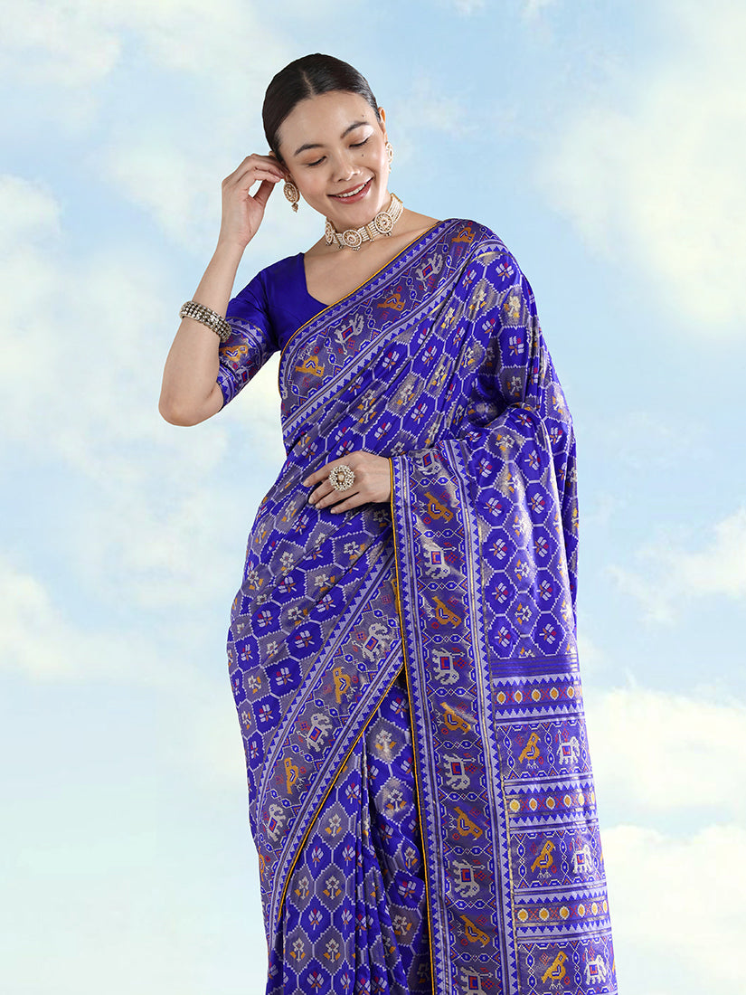 Monjolika Fashion Navy Blue Satin Silk Saree With Patola Work And Elephant Motifs