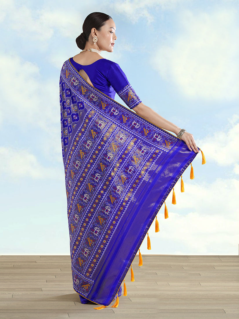 Monjolika Fashion Navy Blue Satin Silk Saree With Patola Work And Elephant Motifs