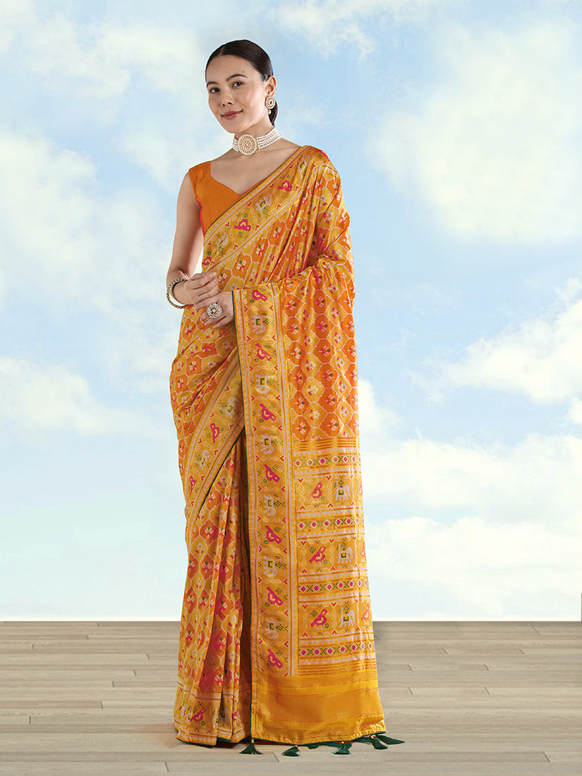 Monjolika Fashion Mustard Satin Silk Saree With Patola Work And Elephant Motifs