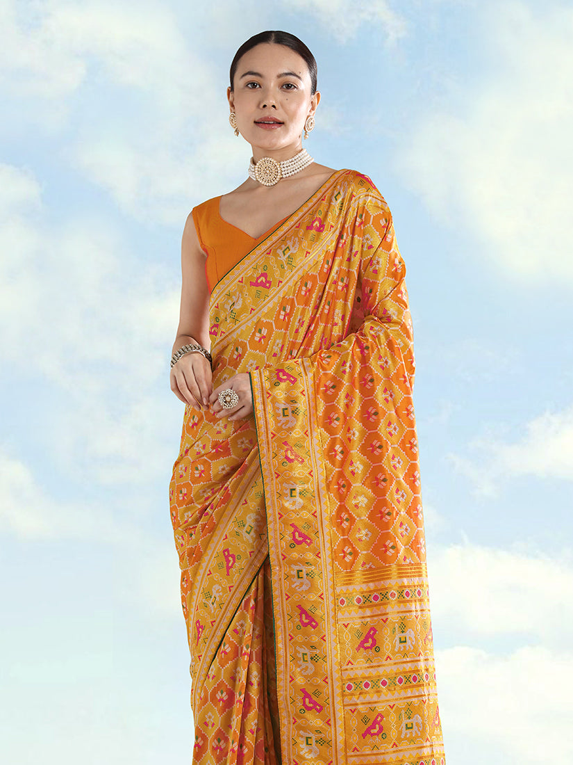 Monjolika Fashion Mustard Satin Silk Saree With Patola Work And Elephant Motifs