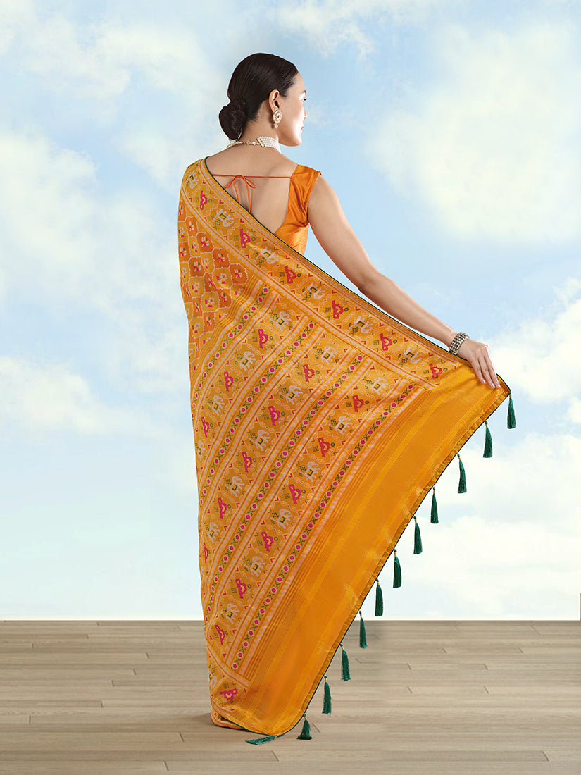 Monjolika Fashion Mustard Satin Silk Saree With Patola Work And Elephant Motifs