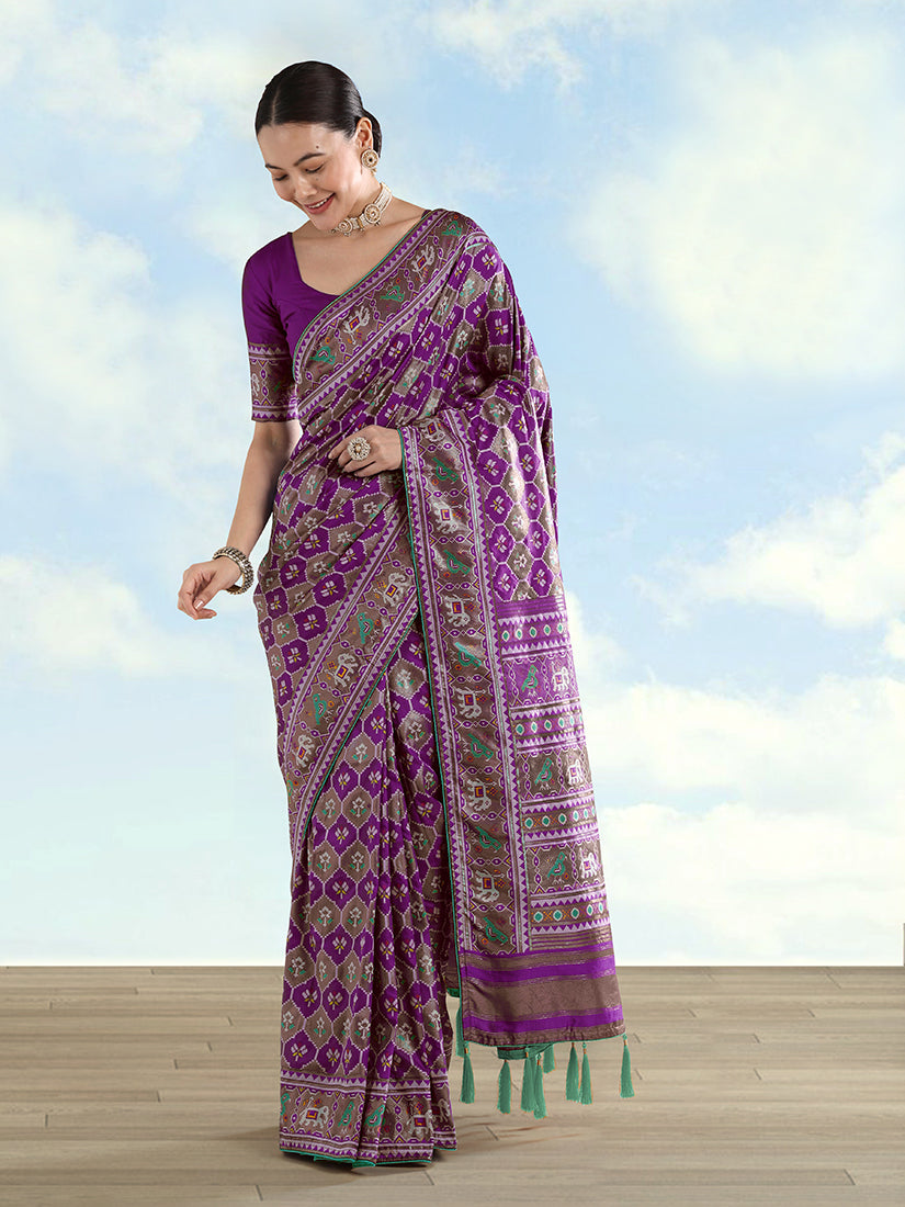 Monjolika Fashion Purple Satin Silk Saree With Patola Work And Elephant Motifs
