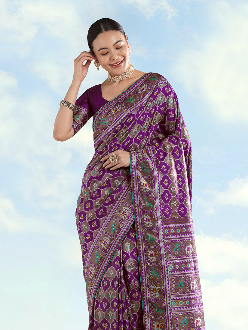 Monjolika Fashion Purple Satin Silk Saree With Patola Work And Elephant Motifs