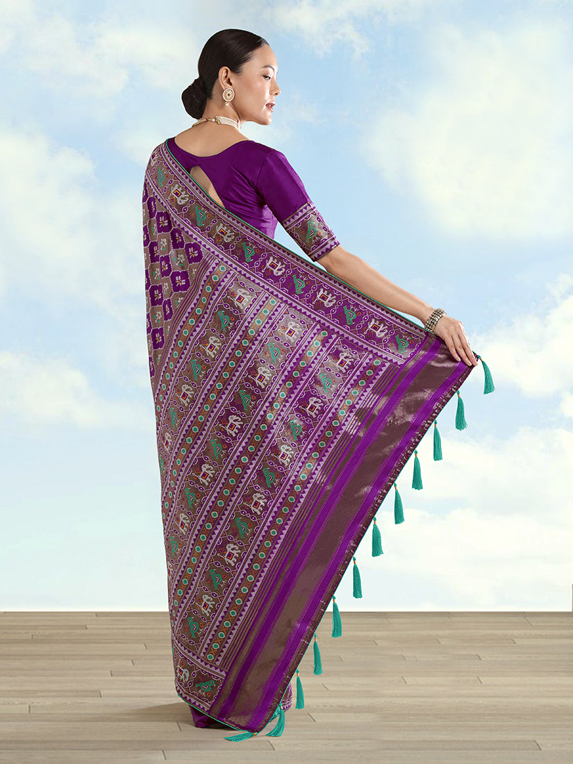 Monjolika Fashion Purple Satin Silk Saree With Patola Work And Elephant Motifs