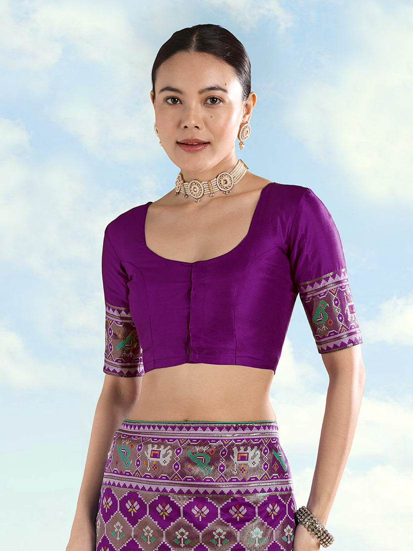 Monjolika Fashion Purple Satin Silk Saree With Patola Work And Elephant Motifs