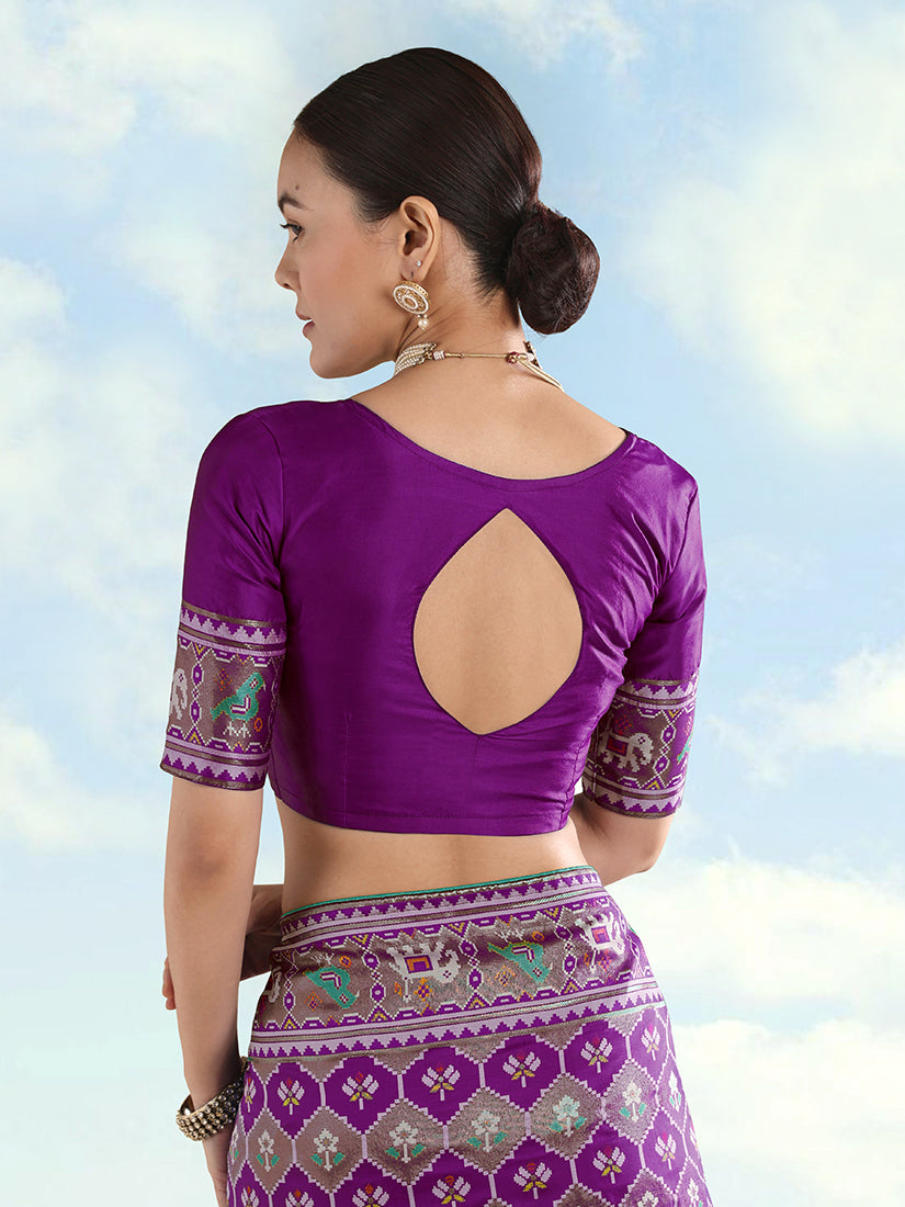 Monjolika Fashion Purple Satin Silk Saree With Patola Work And Elephant Motifs