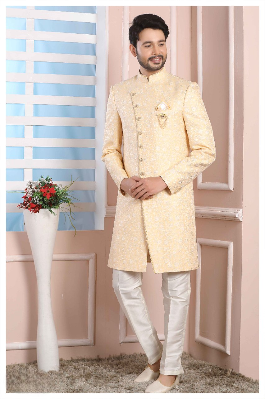 Raivat Ethnic Jacquard Silk Thread Work Indo Western In Yellow Colour