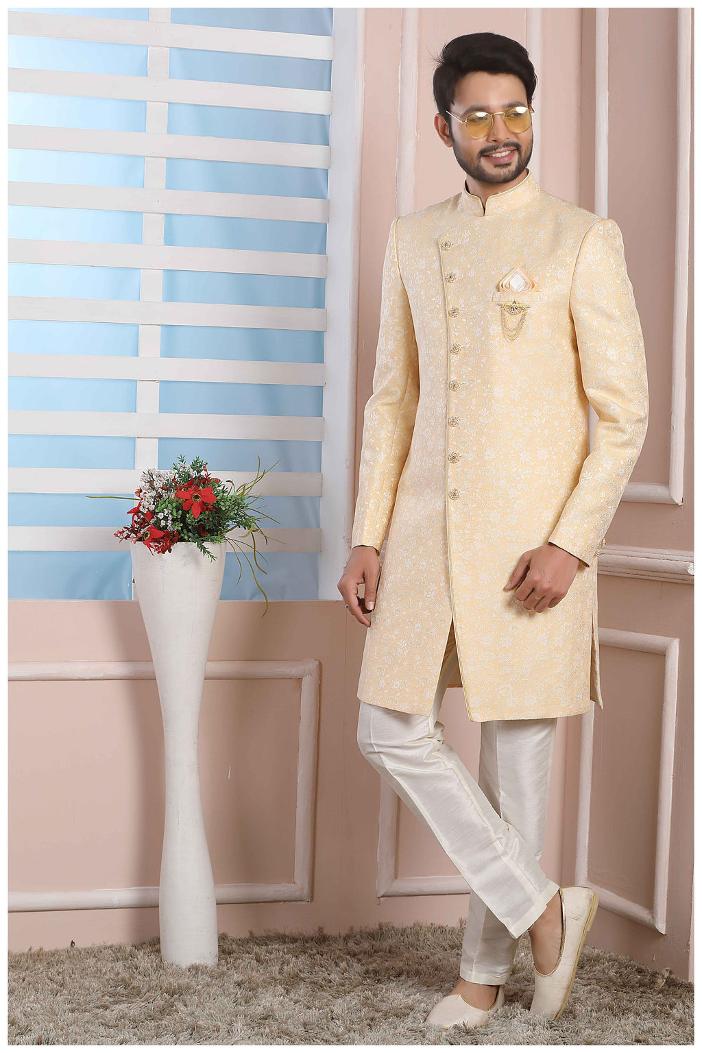 Raivat Ethnic Jacquard Silk Thread Work Indo Western In Yellow Colour