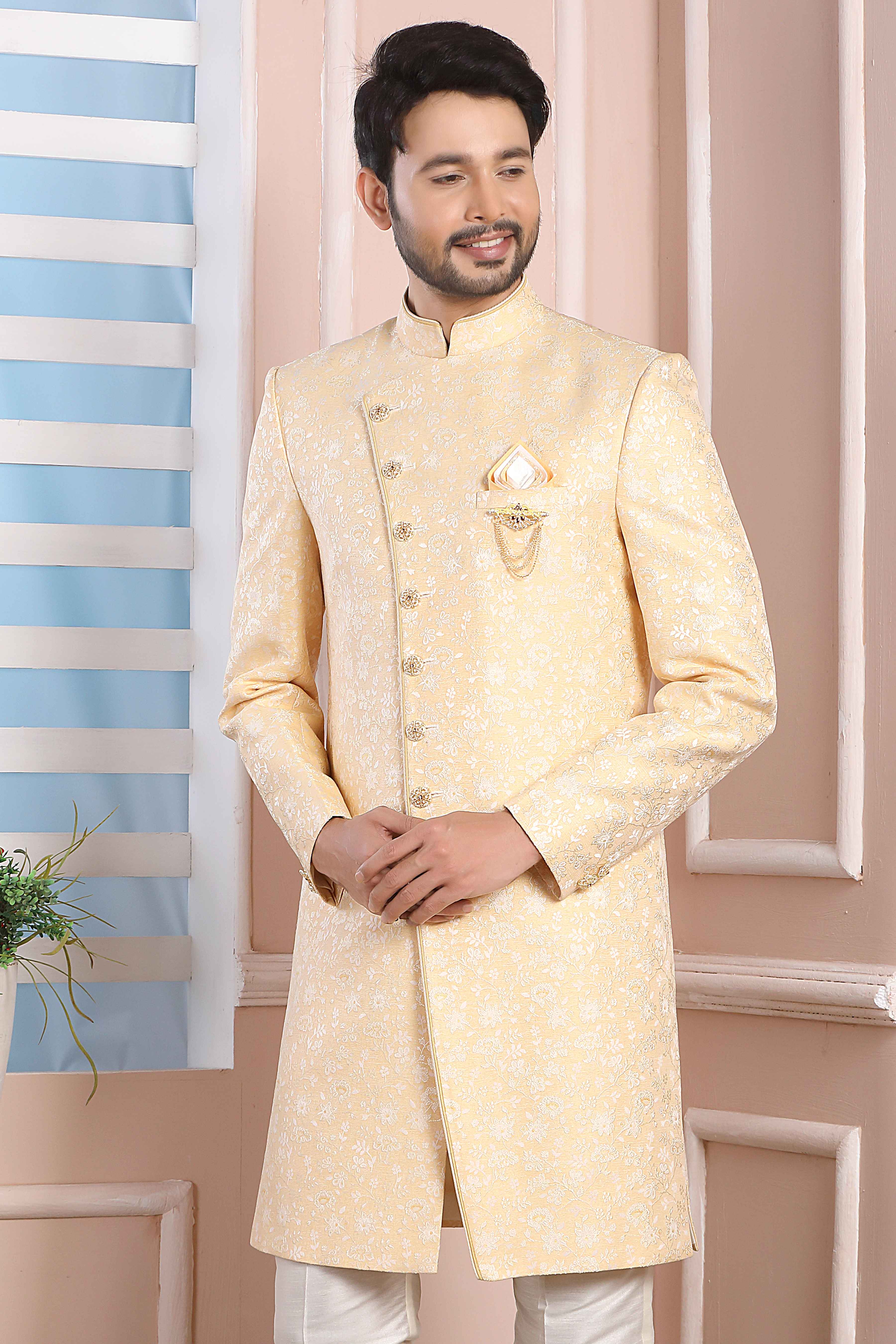 Raivat Ethnic Jacquard Silk Thread Work Indo Western In Yellow Colour