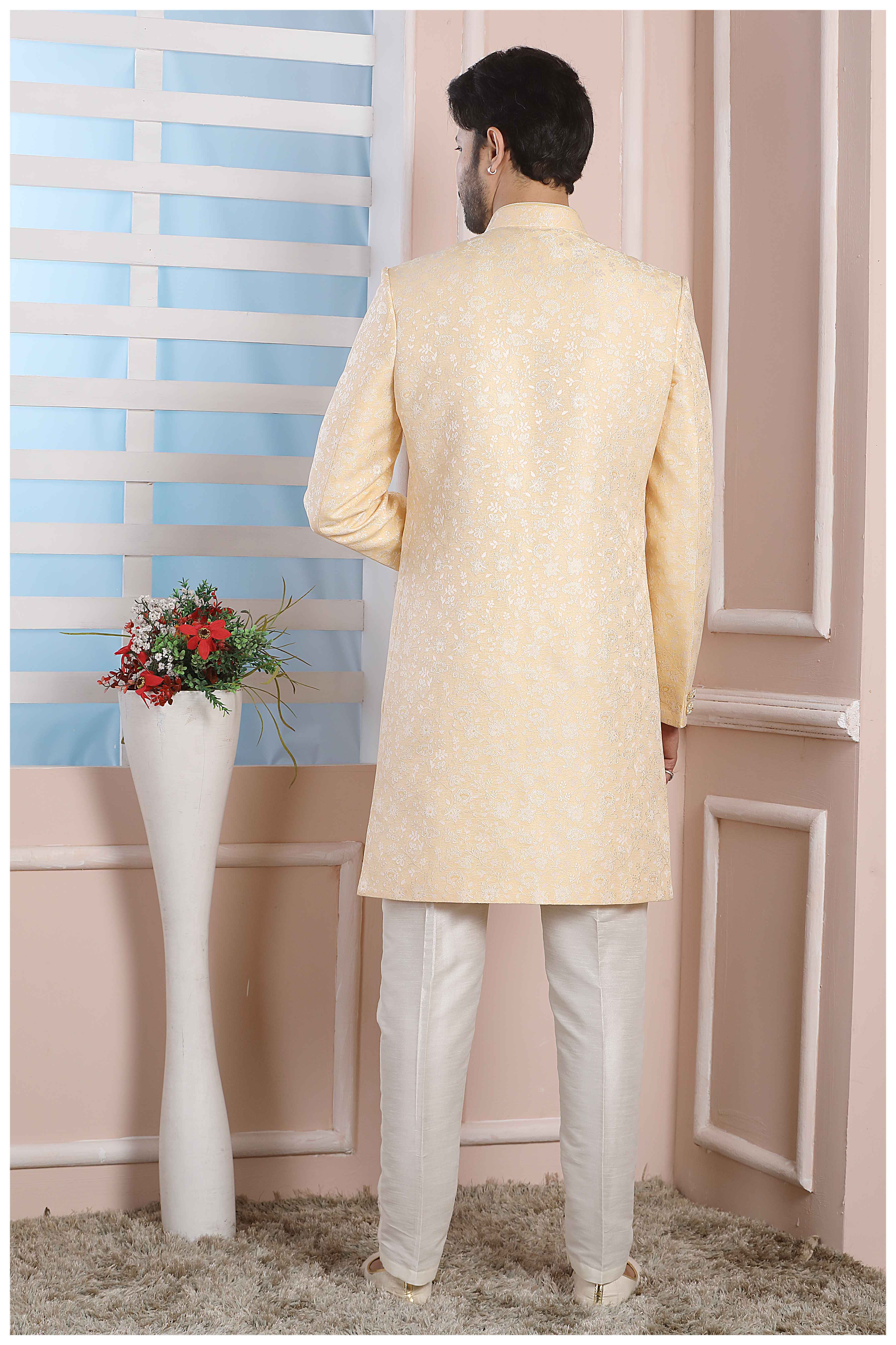 Raivat Ethnic Jacquard Silk Thread Work Indo Western In Yellow Colour