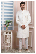 Raivat Ethnic Jacquard Silk Thread Work Indo Western In Cream Colour
