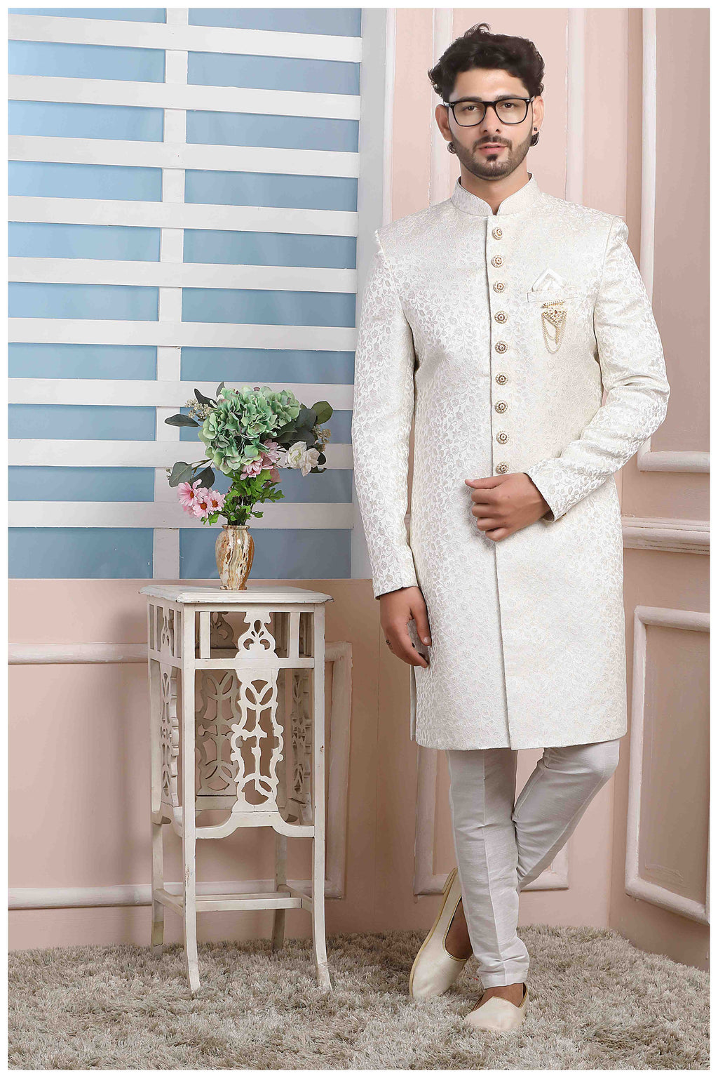 Raivat Ethnic Jacquard Silk Thread Work Indo Western In Cream Colour
