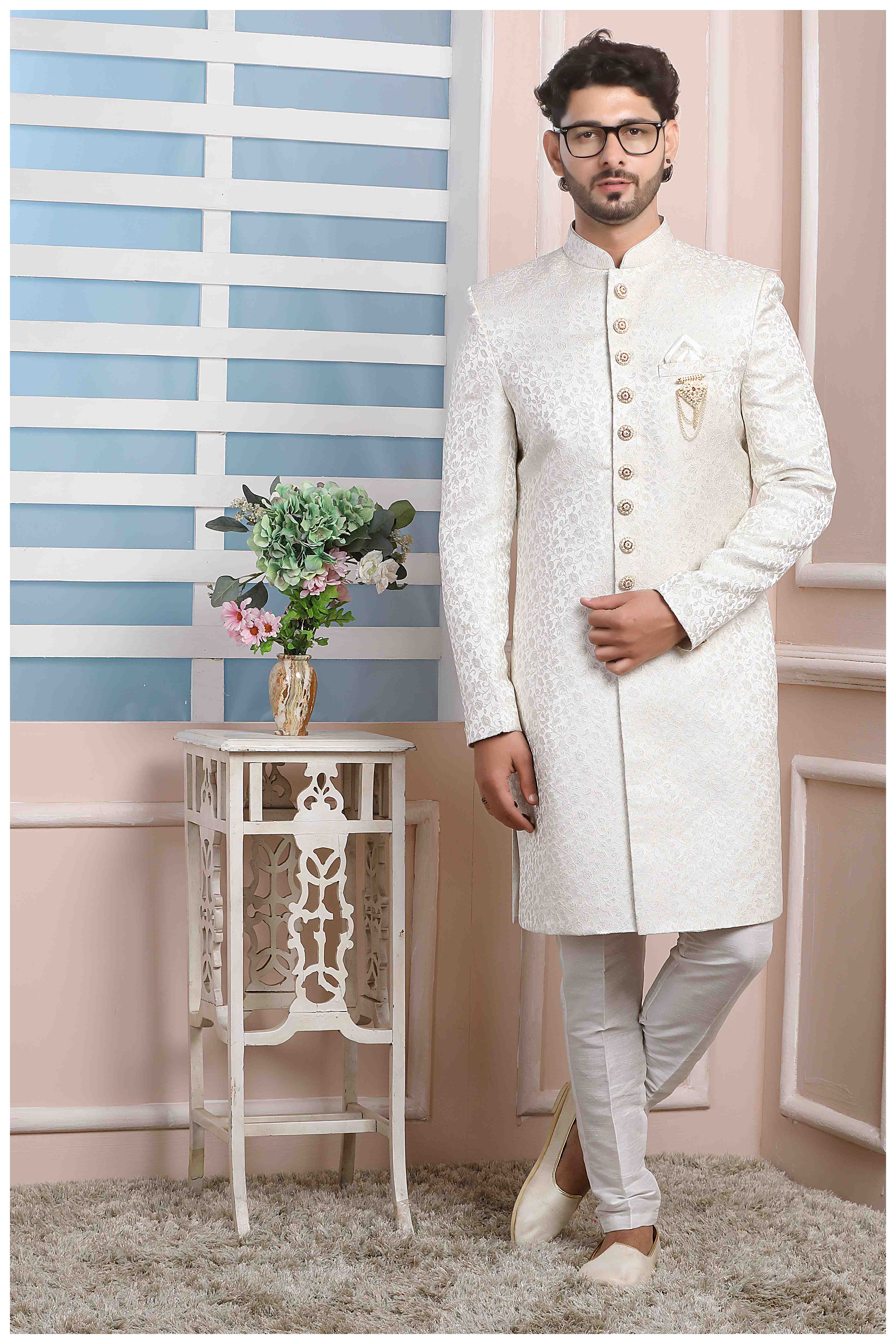 Raivat Ethnic Jacquard Silk Thread Work Indo Western In Cream Colour