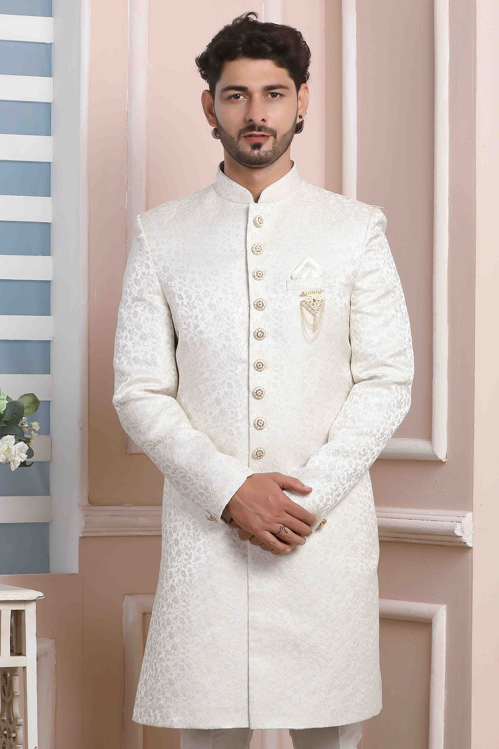 Raivat Ethnic Jacquard Silk Thread Work Indo Western In Cream Colour