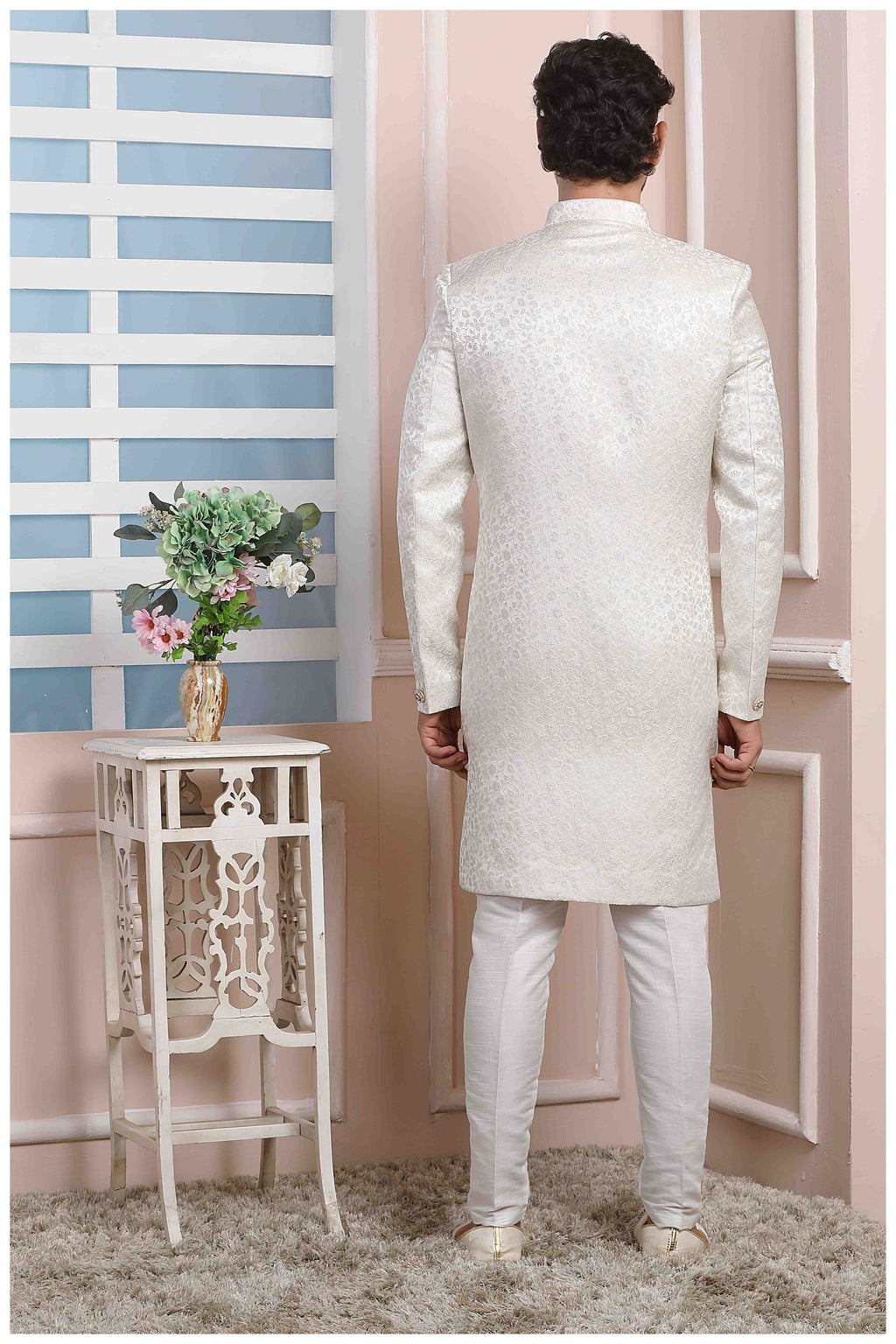 Raivat Ethnic Jacquard Silk Thread Work Indo Western In Cream Colour