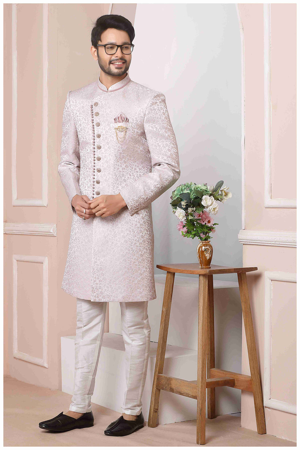 Raivat Ethnic Jacquard Silk Thread Work Indo Western In Onion Pink Colour