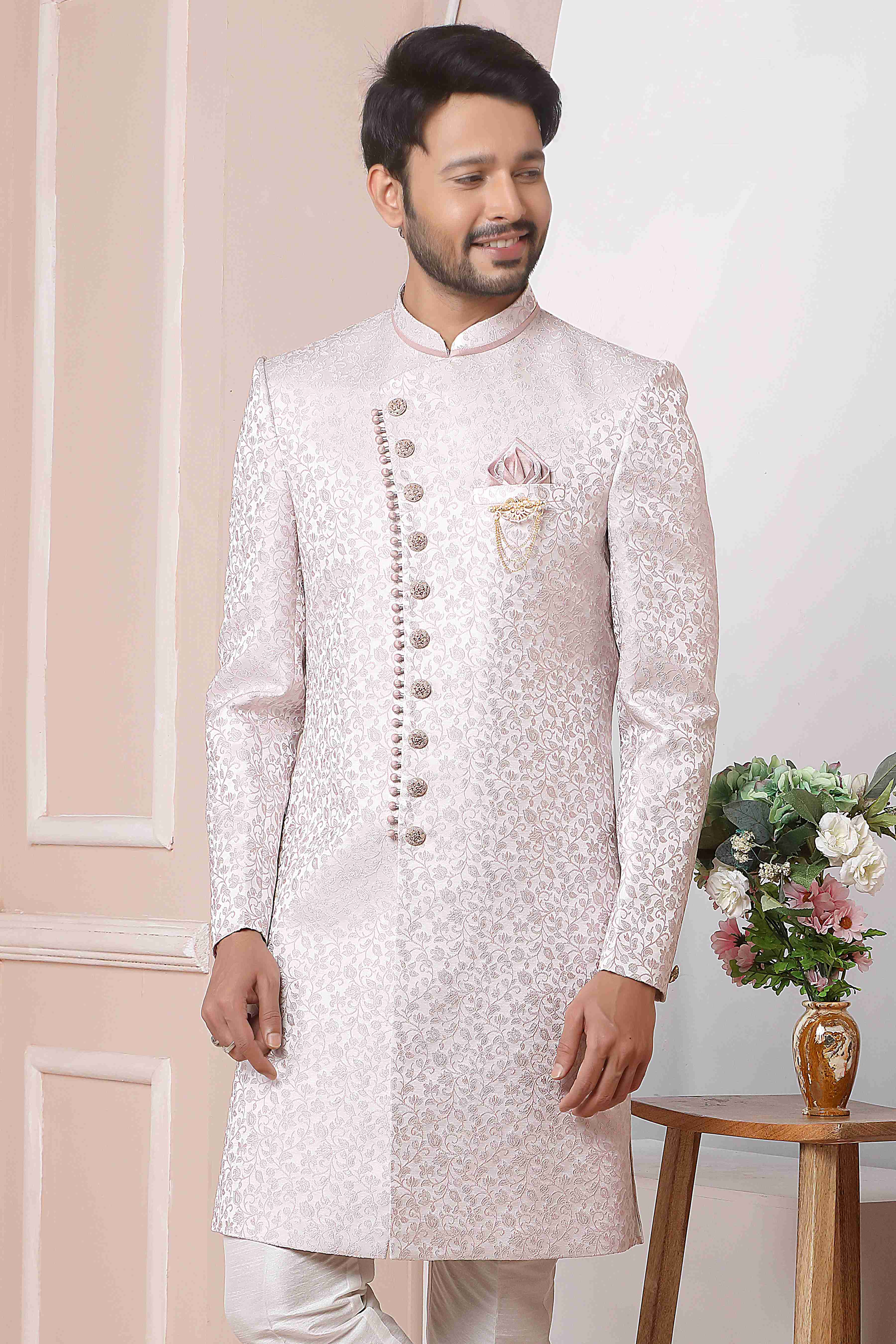 Raivat Ethnic Jacquard Silk Thread Work Indo Western In Onion Pink Colour