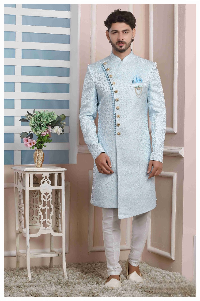 Raivat Ethnic Jacquard Silk Thread Work Indo Western In Sky Blue Colour