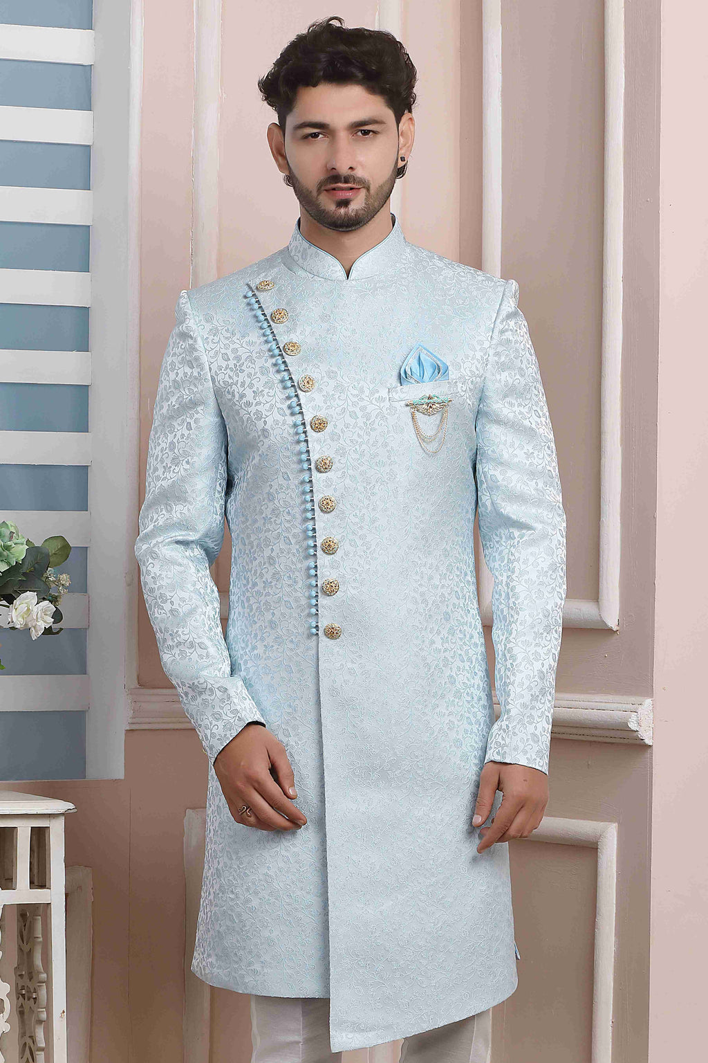Raivat Ethnic Jacquard Silk Thread Work Indo Western In Sky Blue Colour