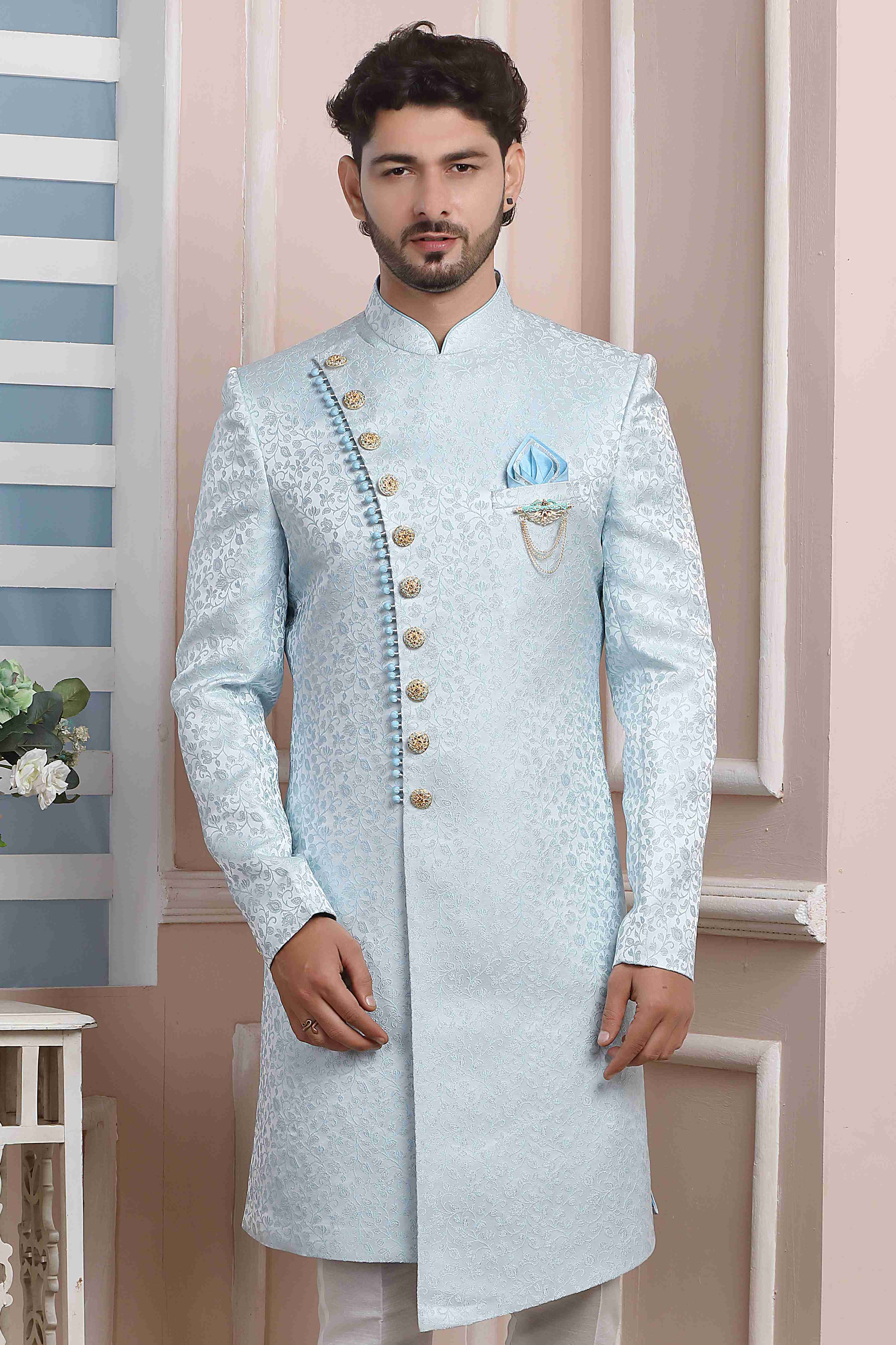 Raivat Ethnic Jacquard Silk Thread Work Indo Western In Sky Blue Colour