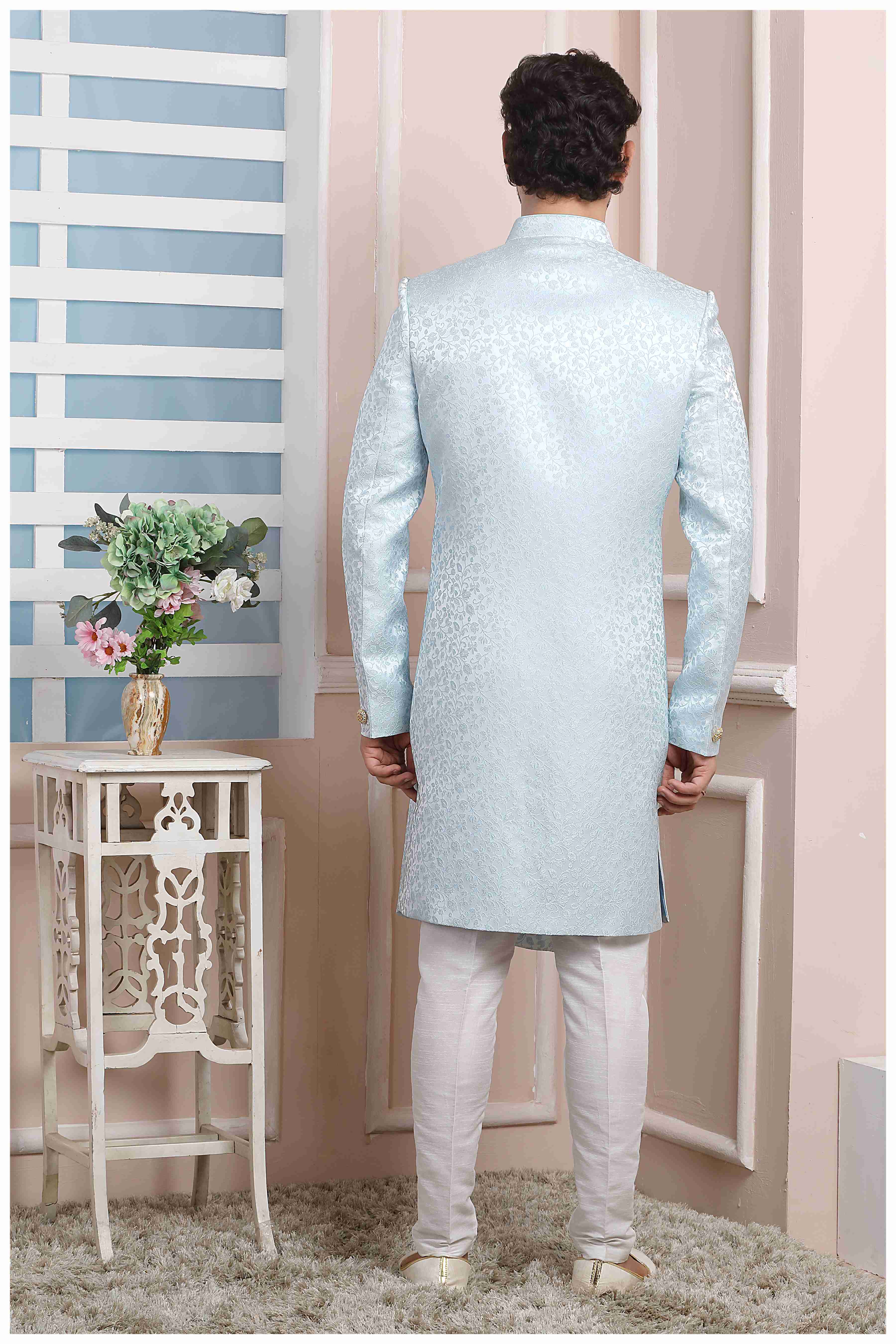 Raivat Ethnic Jacquard Silk Thread Work Indo Western In Sky Blue Colour