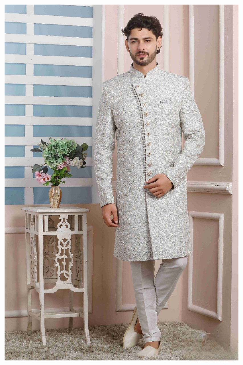 Raivat Ethnic Jacquard Silk Thread Work Indo Western In Grey Colour