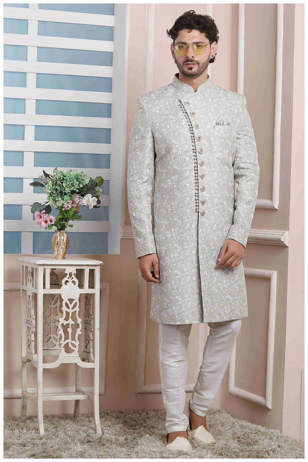 Raivat Ethnic Jacquard Silk Thread Work Indo Western In Grey Colour