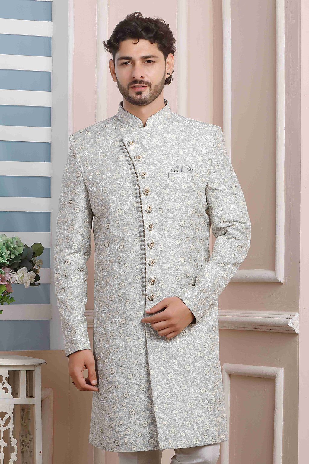 Raivat Ethnic Jacquard Silk Thread Work Indo Western In Grey Colour